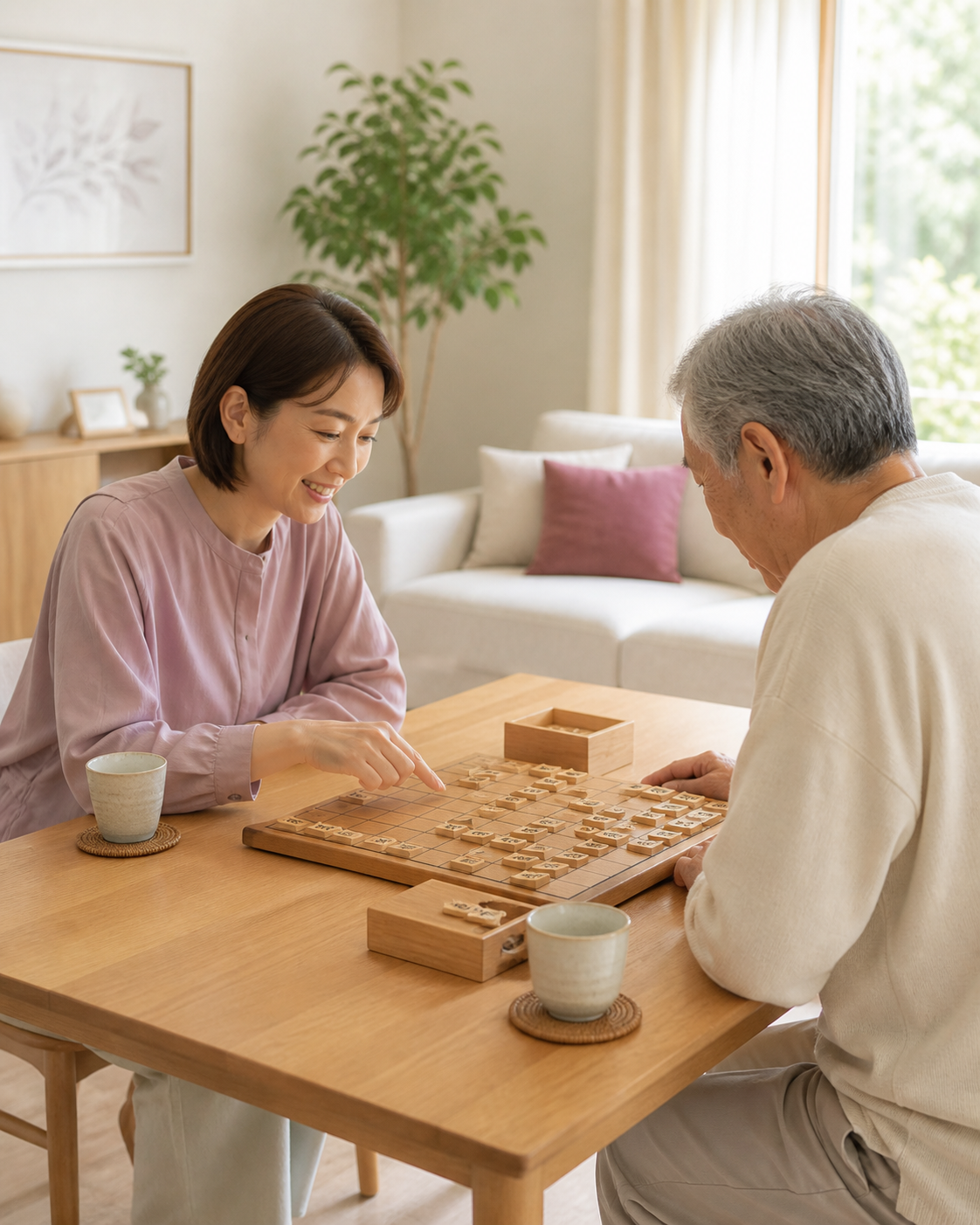 明るい室内で将棋を楽しむ付き添い・お相手サービスのイメージ