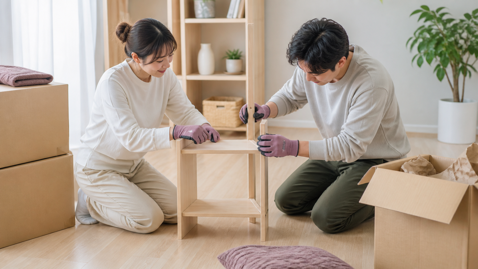 室内で小さな棚を組み立てる引っ越し・軽作業のイメージ
