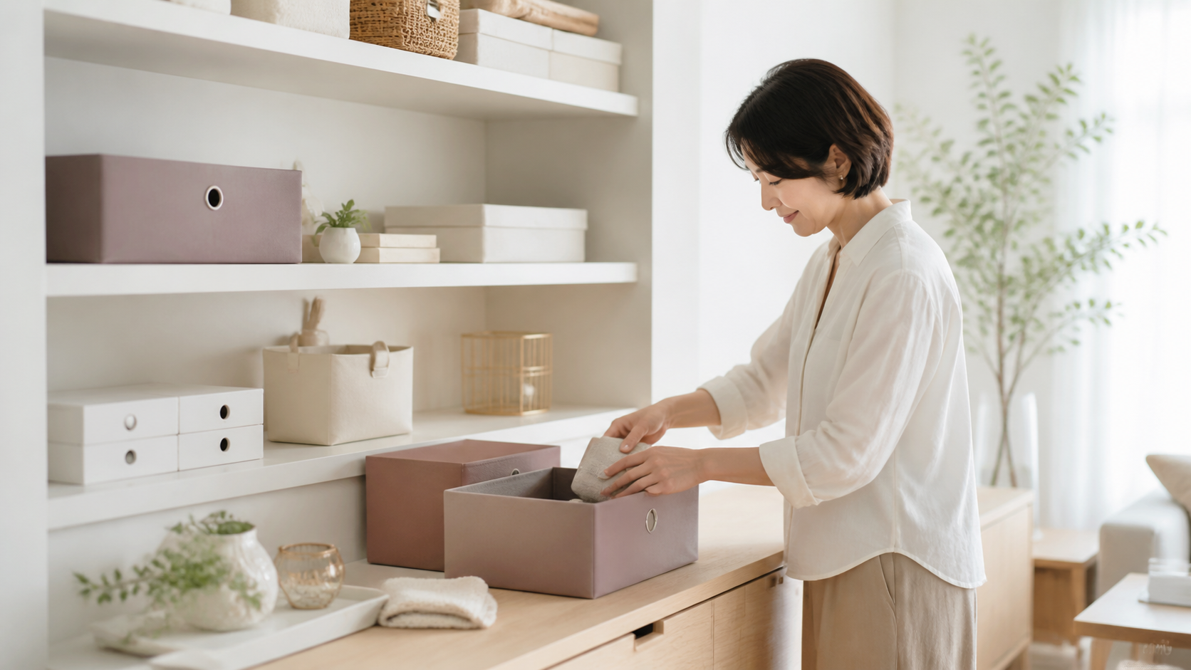 収納棚とボックスを整える整理収納・片付けのイメージ