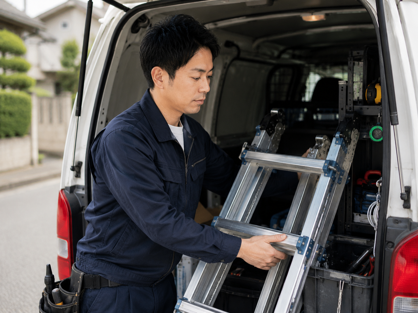 訪問作業に向けて車から脚立を取り出す様子